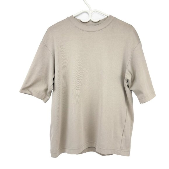 UNIQLO AIRism Beige Cotton Oversized Striped Crew Neck Half-sleeve T-shirt sz M - Picture 2 of 5